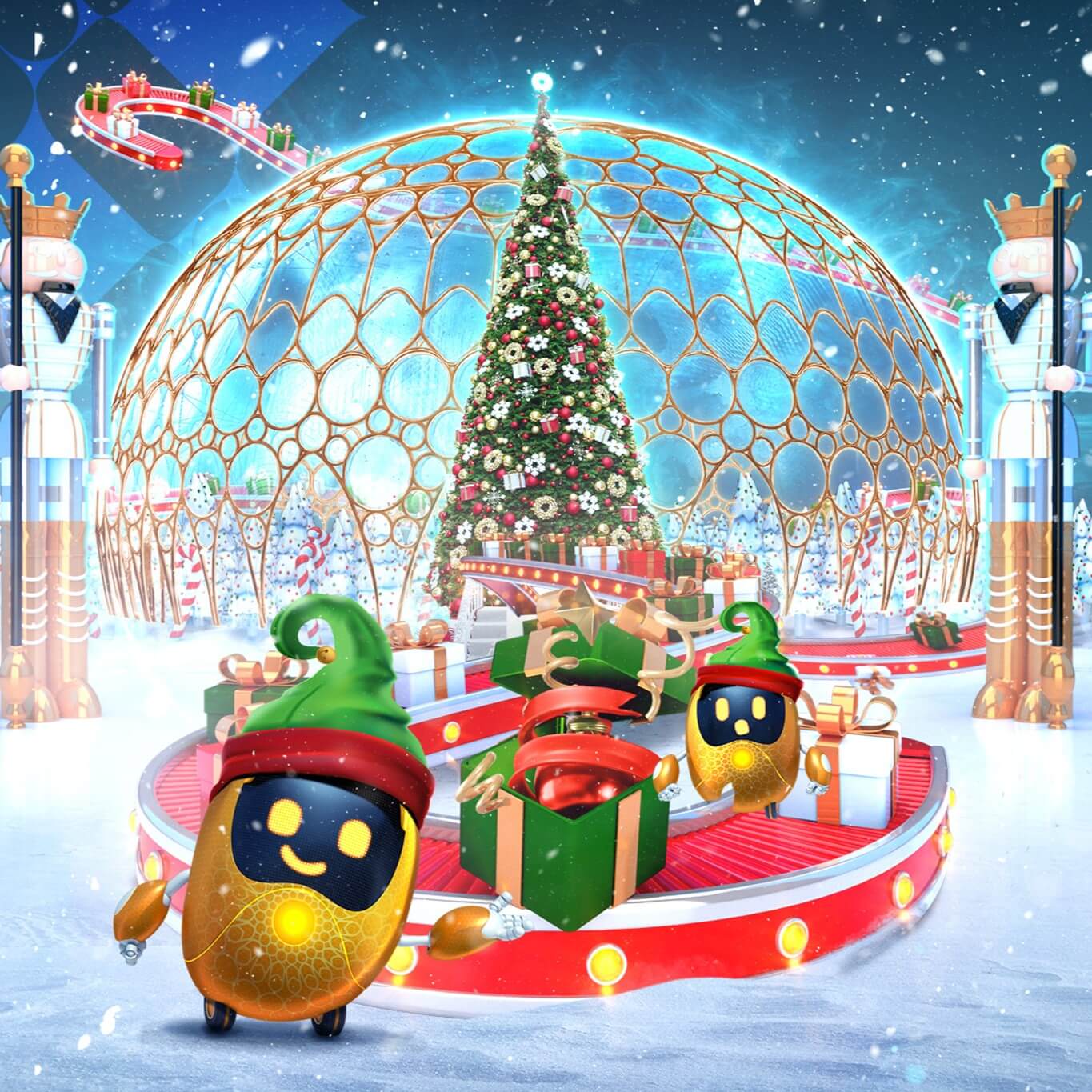 Artistic image of christmas in al wasl plaza with opti bots in elf hats and gifts around a christmas tree